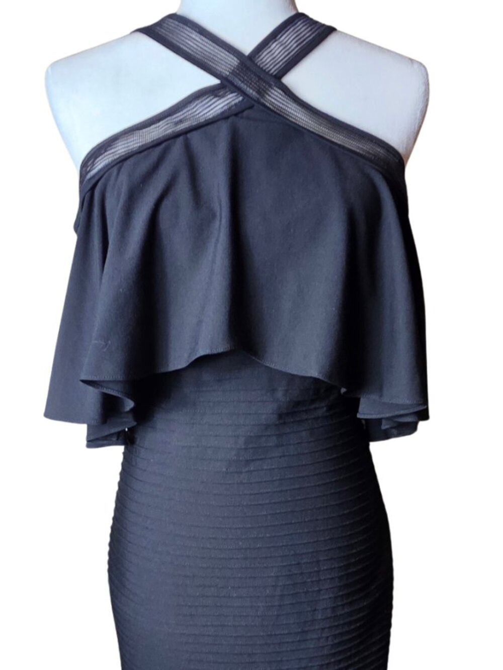 Tadashi Shoji Crystal Pintuck Stretch Jersey Off Shoulder Halter Black Dress XS